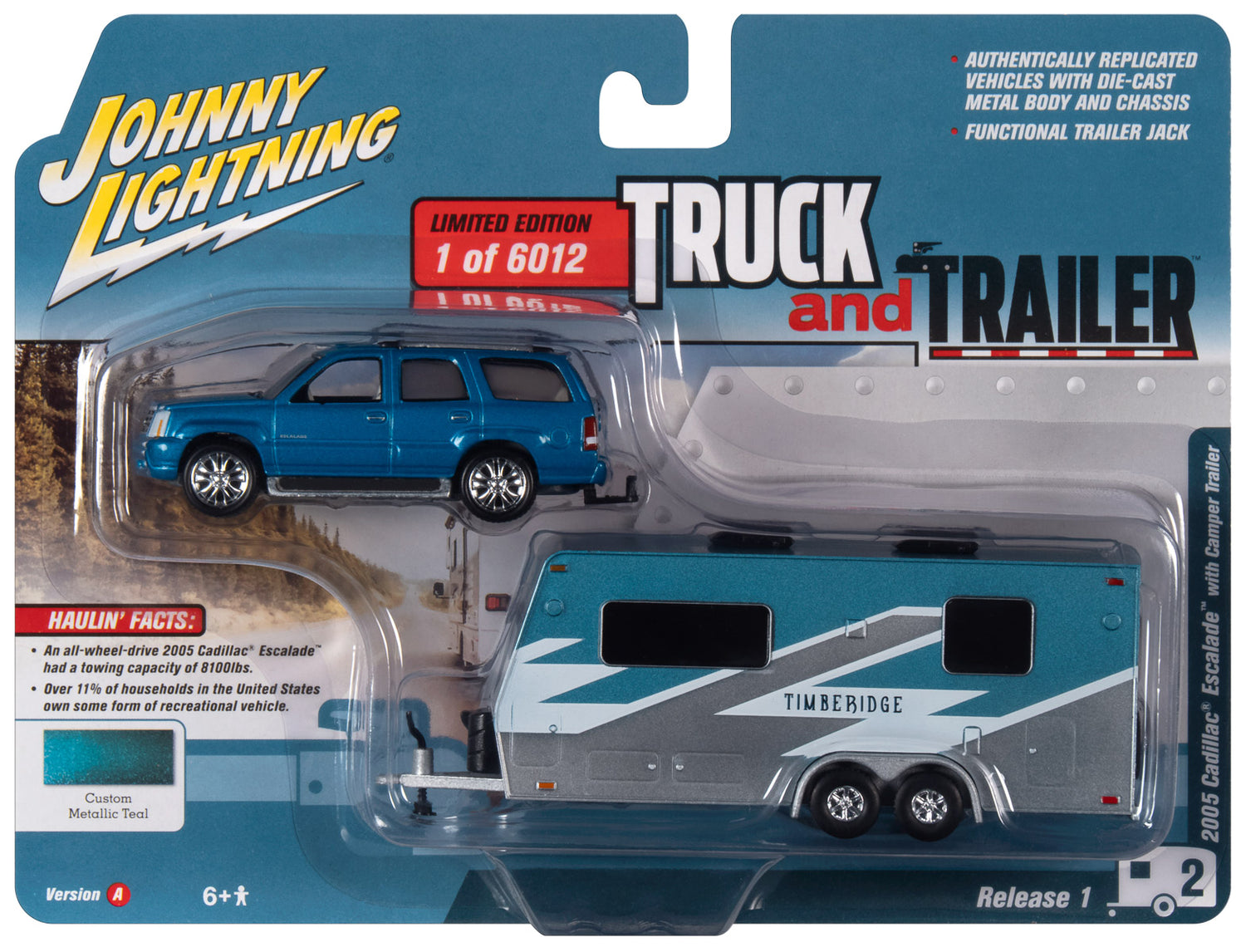 Johnny Lightning 2005 Cadillac Escalade (Teal) w/Camper Trailer 1:64 Diecast