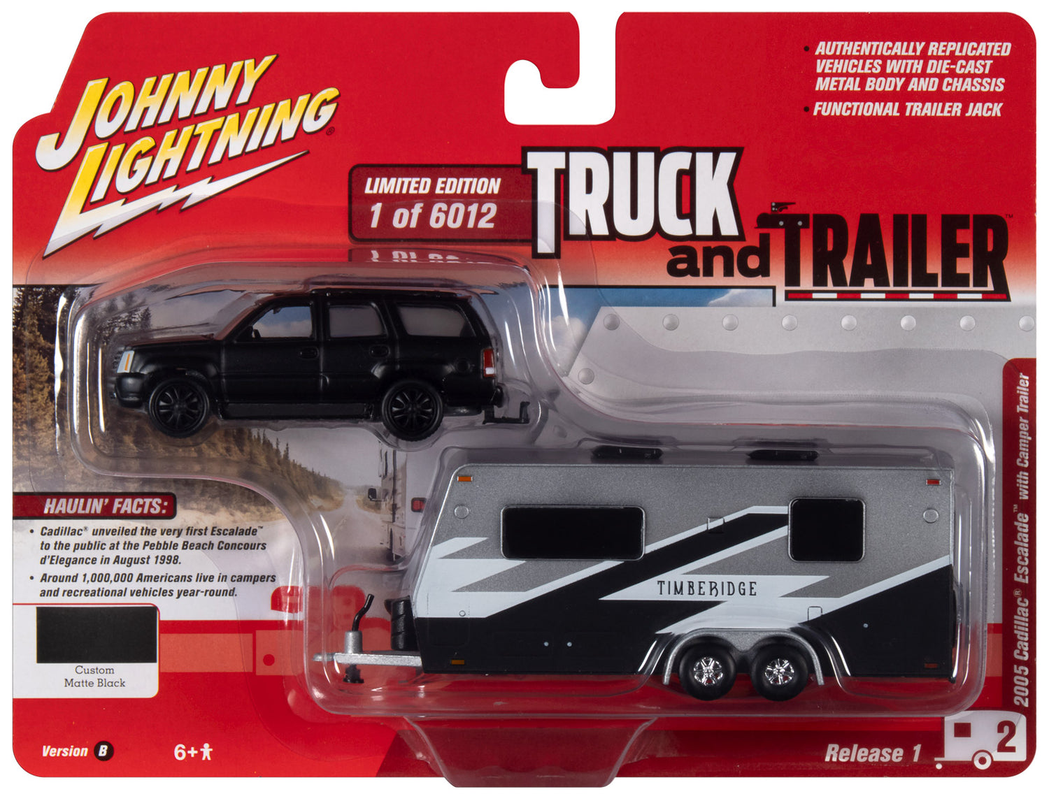 Johnny Lightning 2005 Cadillac Escalade (Matte Black) w/Camper Trailer 1:64 Diecast