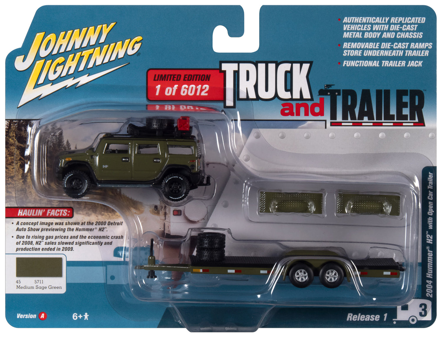 Johnny Lightning Hummer H2  (Moss Green) w/Open Trailer 1:64 Diecast