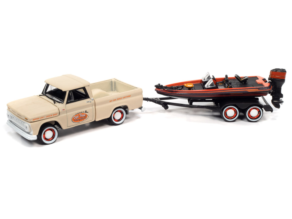 Johnny Lightning 1965 Chevy Stepside Pickup (Pale Beige, Orange & Black) w/Bass Boat and Trailer 1:64 Diecast