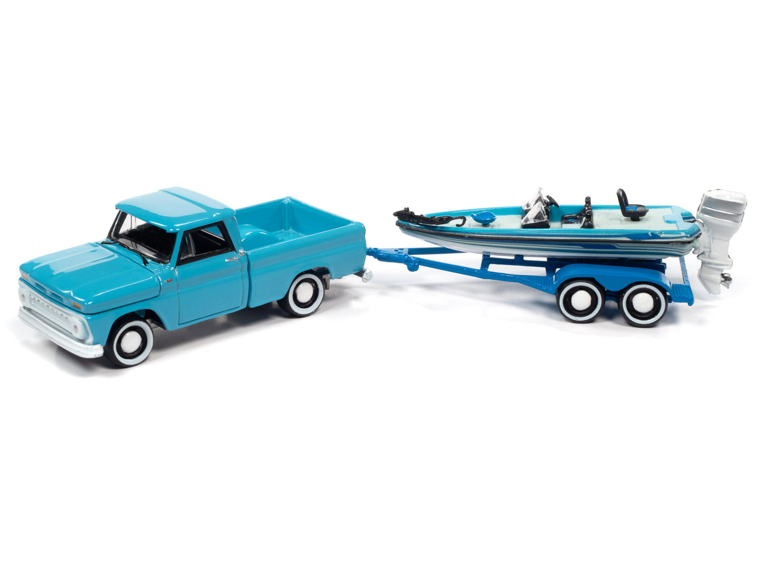 Johnny Lightning 1965 Chevy Stepside Pickup (Lt. Turquoise, Blues & White) w/Bass Boat and Trailer 1:64 Diecast