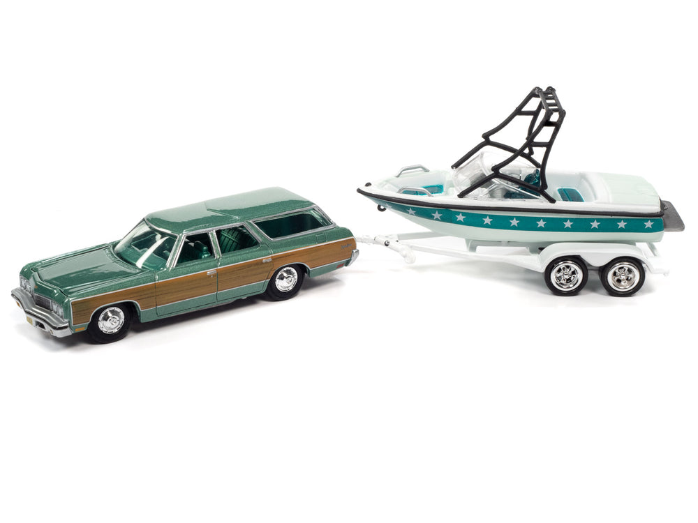 Johnny Lightning 1973 Chevy Caprice Wagon (Lt Green Woody, Lt &Dk Green) w/Mastercraft Boat and Trailer 1:64 Diecast