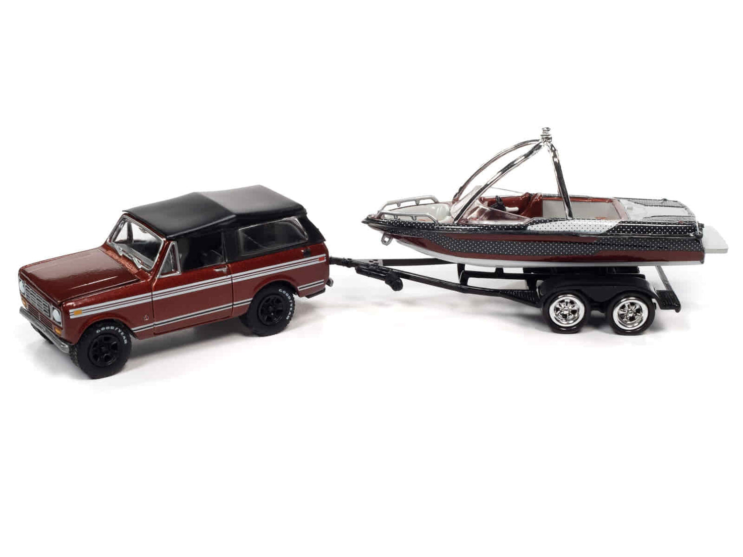Johnny Lightning 1979 International Scout II (Tahitian Red, Dk Red & Black) w/Malibu Boat and Trailer 1:64 Diecast