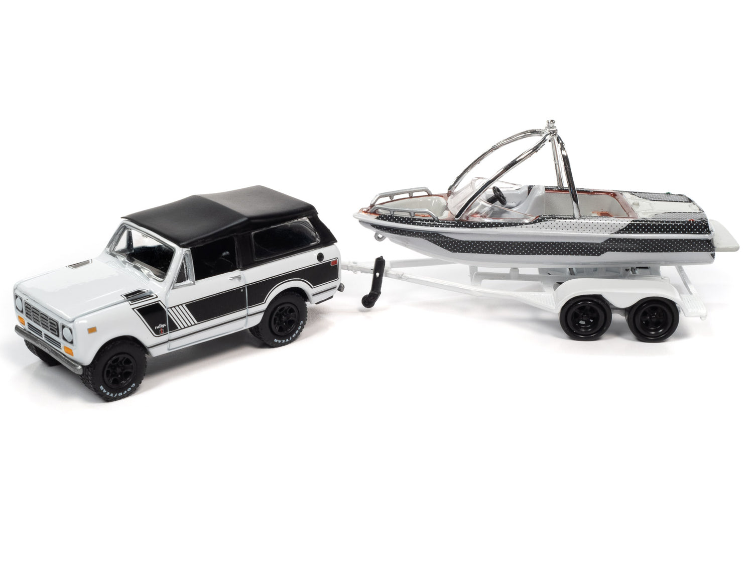 Johnny Lightning 1979 International Scout II (White w/Black Stripes, White & Black) w/Malibu Boat and Trailer 1:64 Diecast