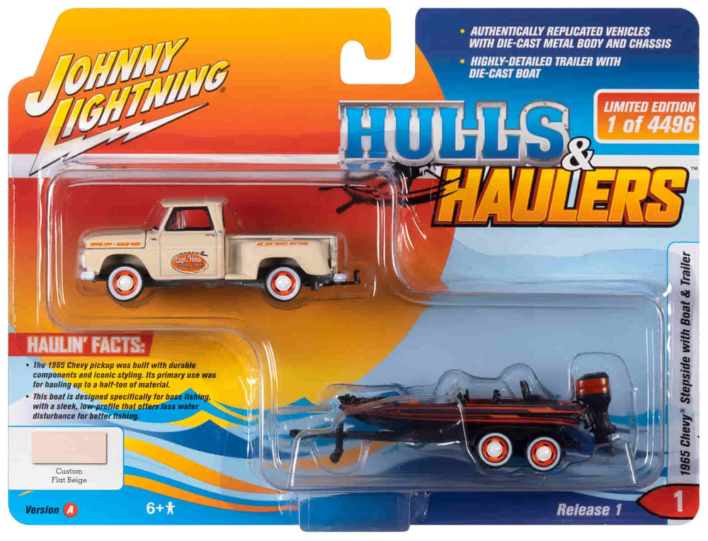 Johnny Lightning 1965 Chevy Stepside Pickup (Pale Beige, Orange & Black) w/Bass Boat and Trailer 1:64 Diecast
