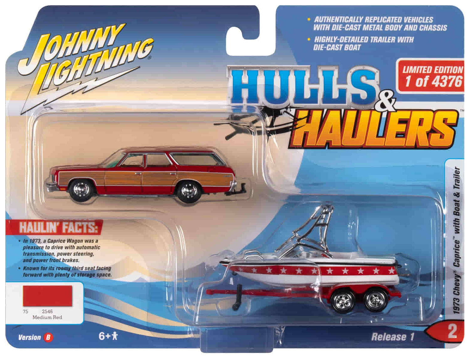Johnny Lightning 1973 Chevy Caprice Wagon (Red Woody, White & Red) w/Mastercraft Boat and Trailer 1:64 Diecast