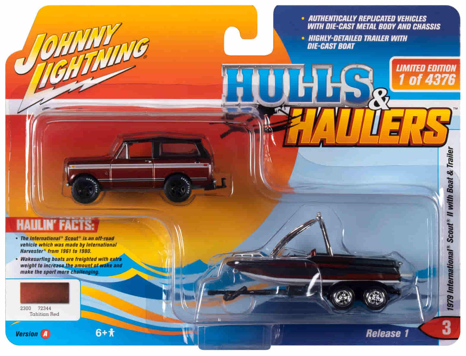 Johnny Lightning 1979 International Scout II (Tahitian Red, Dk Red & Black) w/Malibu Boat and Trailer 1:64 Diecast