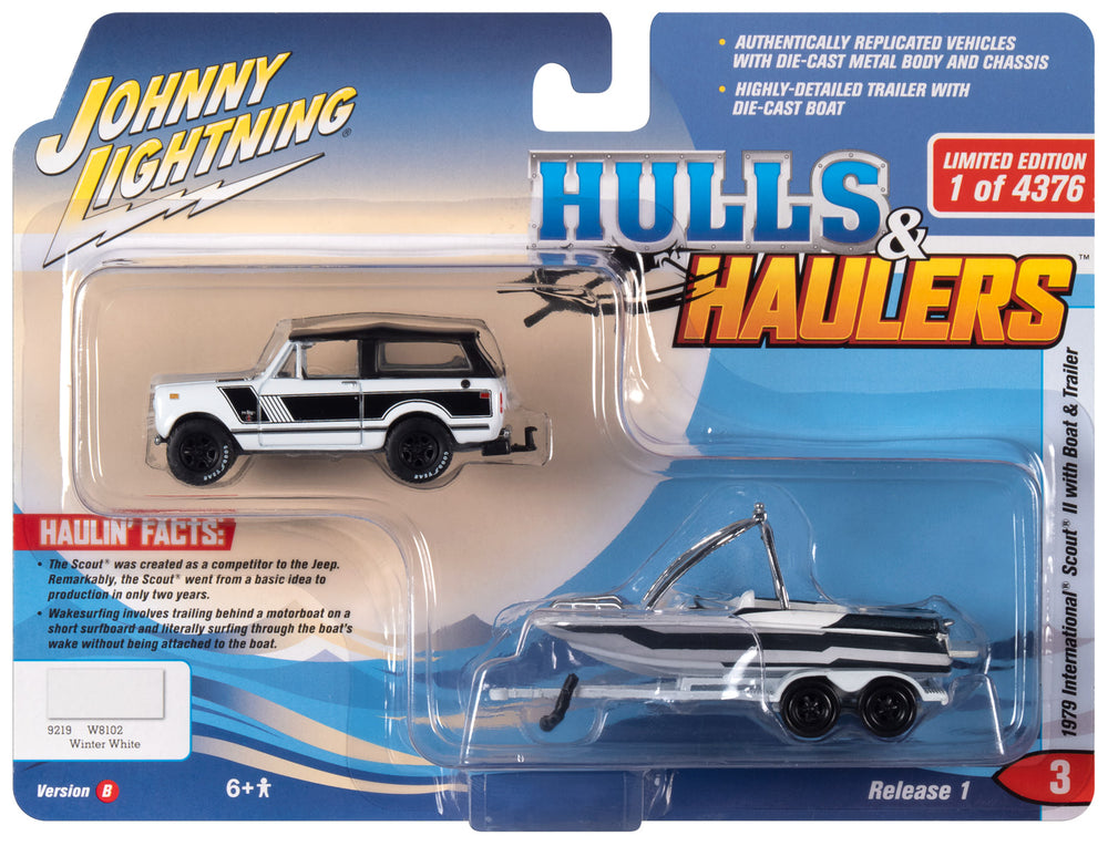 Johnny Lightning 1979 International Scout II (White w/Black Stripes, White & Black) w/Malibu Boat and Trailer 1:64 Diecast