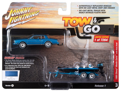 Johnny Lightning 1980 Chevrolet Monte Carlo w/Bass Boat (Bright Blue Poly) 1:64 Diecast