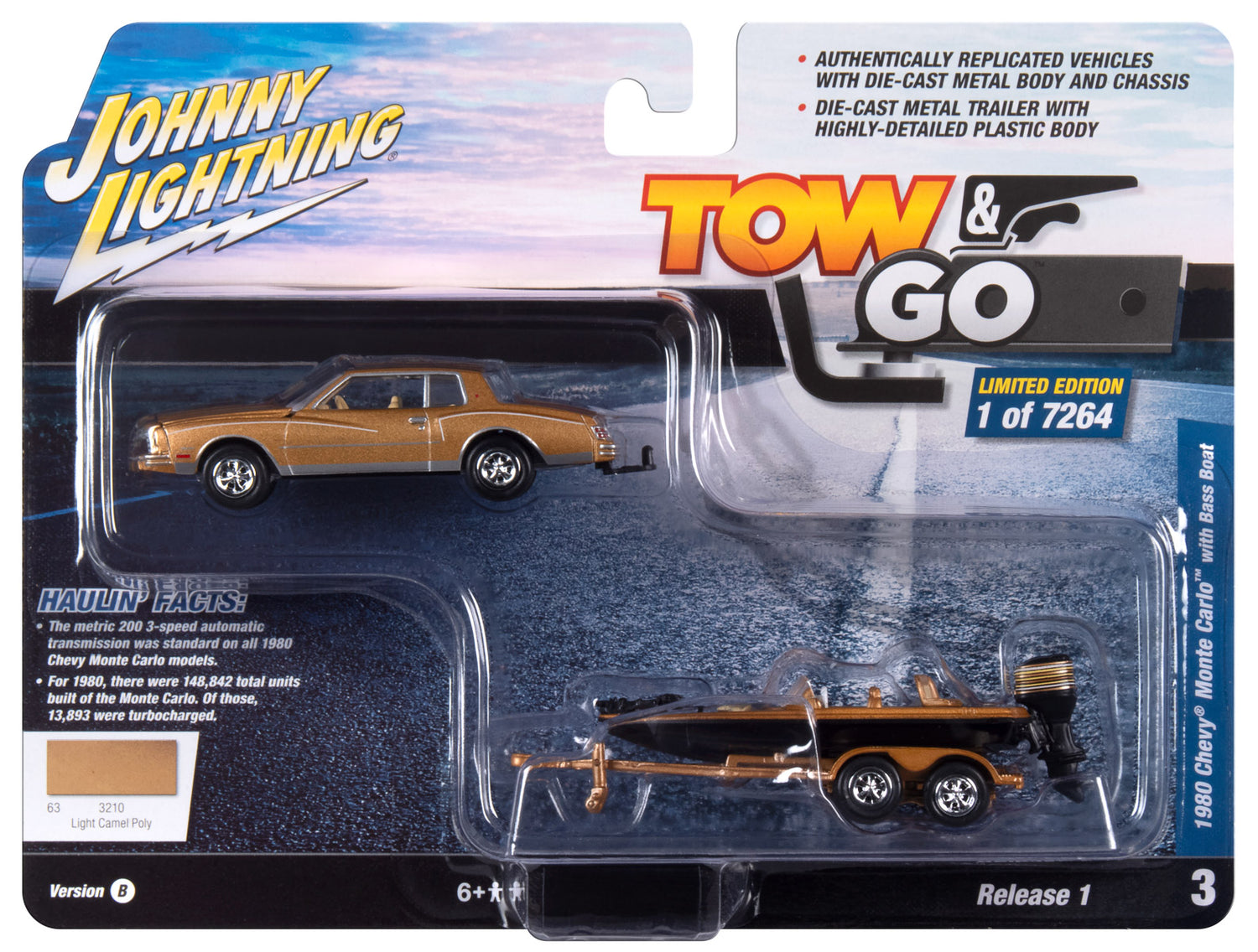 Johnny Lightning 1980 Chevrolet Monte Carlo w/Bass Boat (Light Camel Poly) 1:64 Diecast