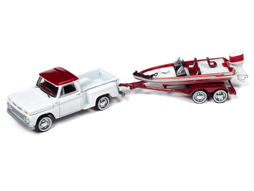 Johnny Lightning 1965 Chevy Stepside Pickup w/Bass Boat and Trailer, Size: 1/64, White