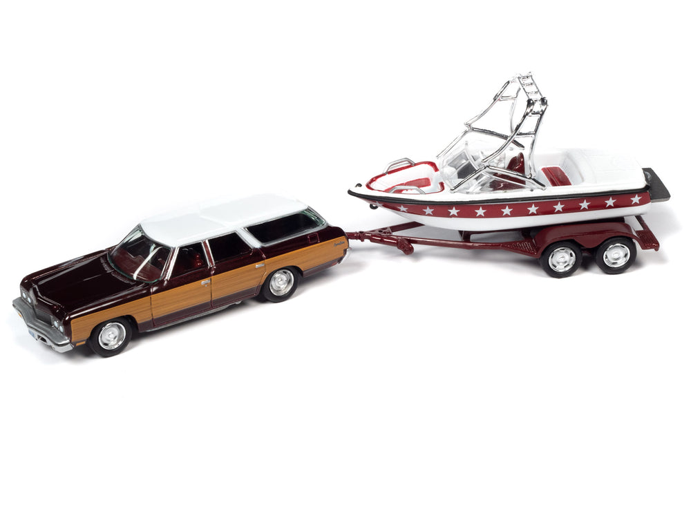 Johnny Lightning 1973 Chevy Caprice Wagon w/Mastercraft Boat and Trailer, Size: 1/64, Red