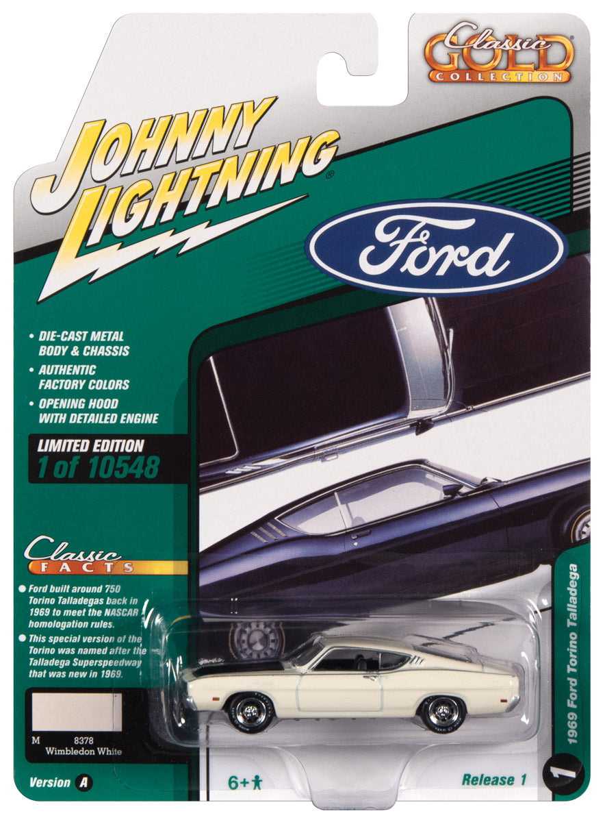 Johnny Lightning Classic Gold 1969 Ford Torino Talledega (Wimbledon White) 1:64 Scale Diecast
