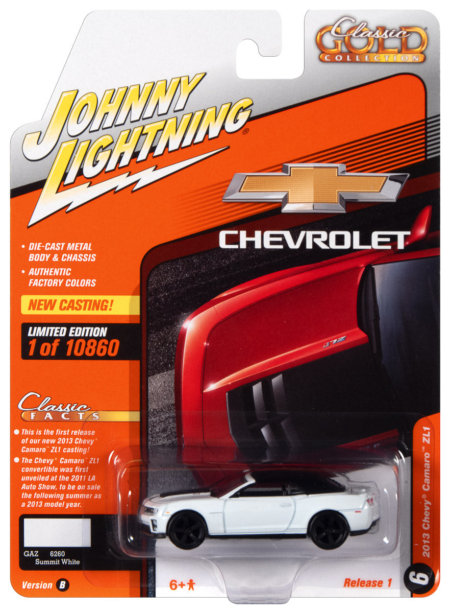 Johnny Lightning Classic Gold 2013 Chevrolet Camaro ZL1 Convertible (Summit White) 1:64 Scale Diecast