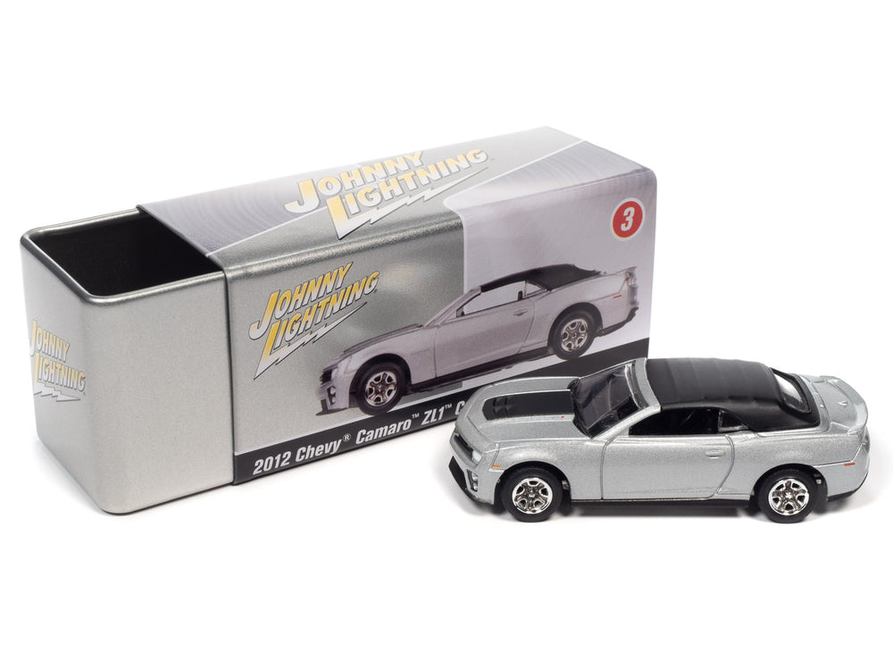 Johnny Lightning 2012 Chevrolet Camaro ZL1 Convertible (Silver) with Collector Tin 1:64 Diecast