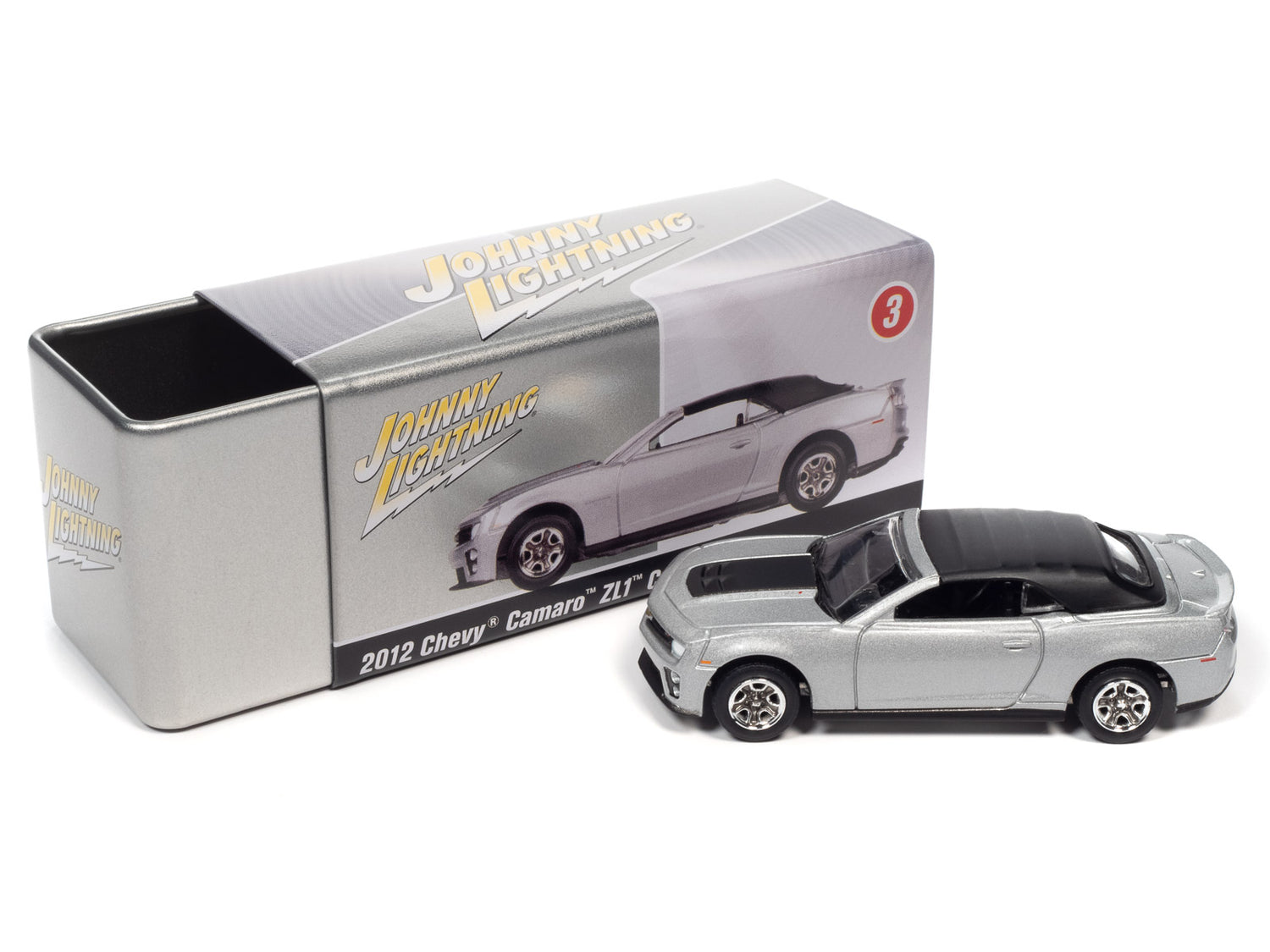 Johnny Lightning 2012 Chevrolet Camaro ZL1 Convertible (Silver) with Collector Tin 1:64 Diecast