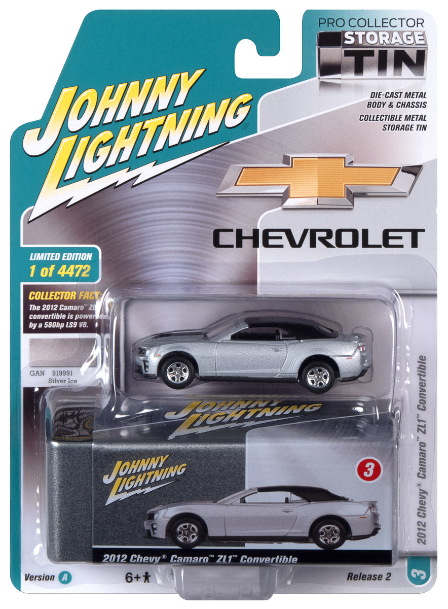 Johnny Lightning 2012 Chevrolet Camaro ZL1 Convertible (Silver) with Collector Tin 1:64 Diecast