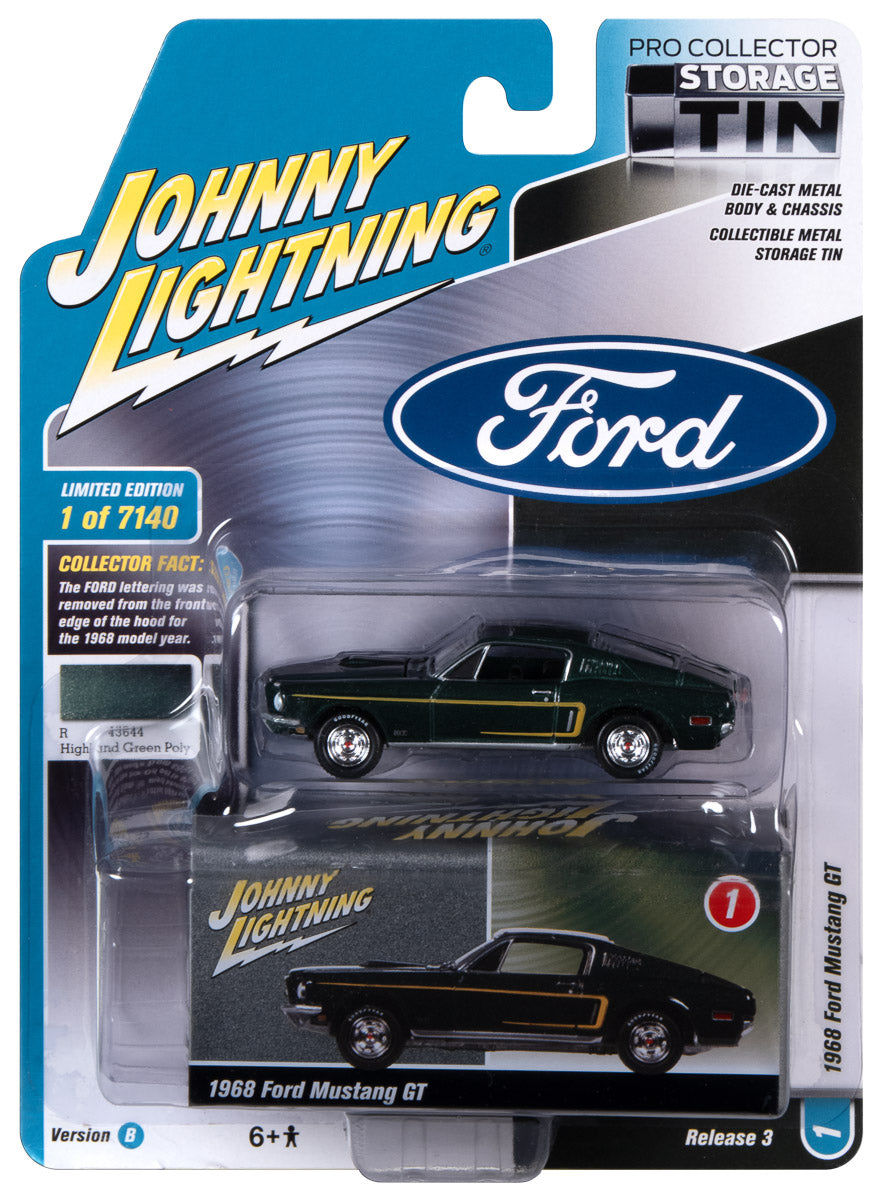 Johnny Lightning 1968 Ford Mustang GT 428 Cobra Jet (Highland Green) with Collector Tin 1:64 Diecast