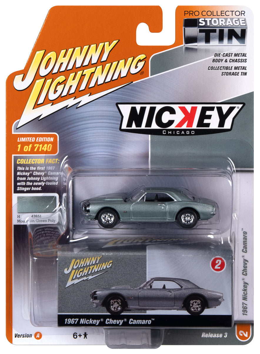 Johnny Lightning NICKEY 1967 Chevrolet Camaro (Mountain Green) with Collector Tin 1:64 Diecast