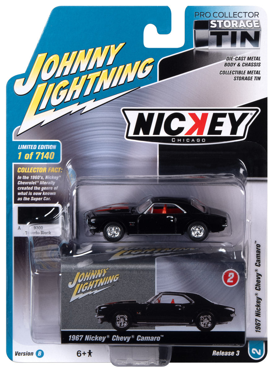 Johnny Lightning NICKEY 1967 Chevrolet Camaro (Gloss Black) with Collector Tin 1:64 Diecast