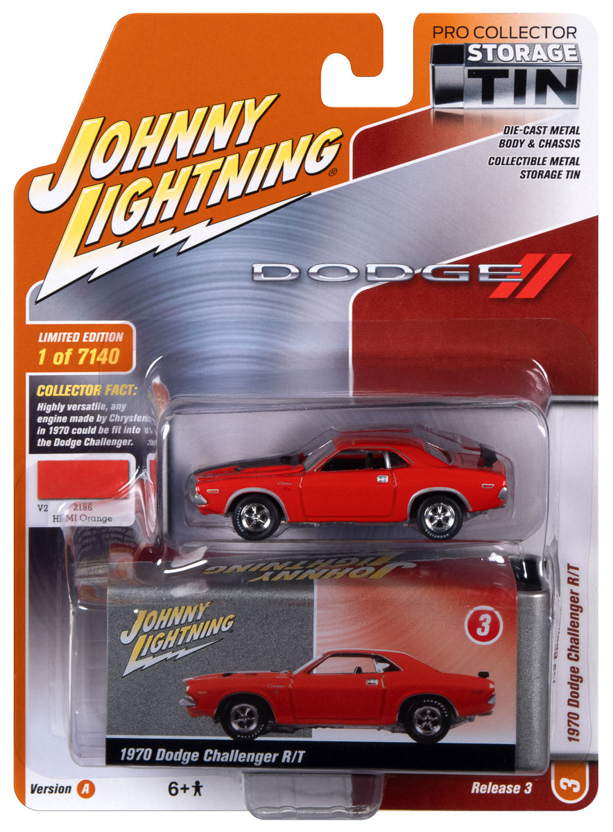 Johnny Lightning 1970 Dodge Challenger R/T (Hemi Orange) with Collector Tin 1:64 Diecast