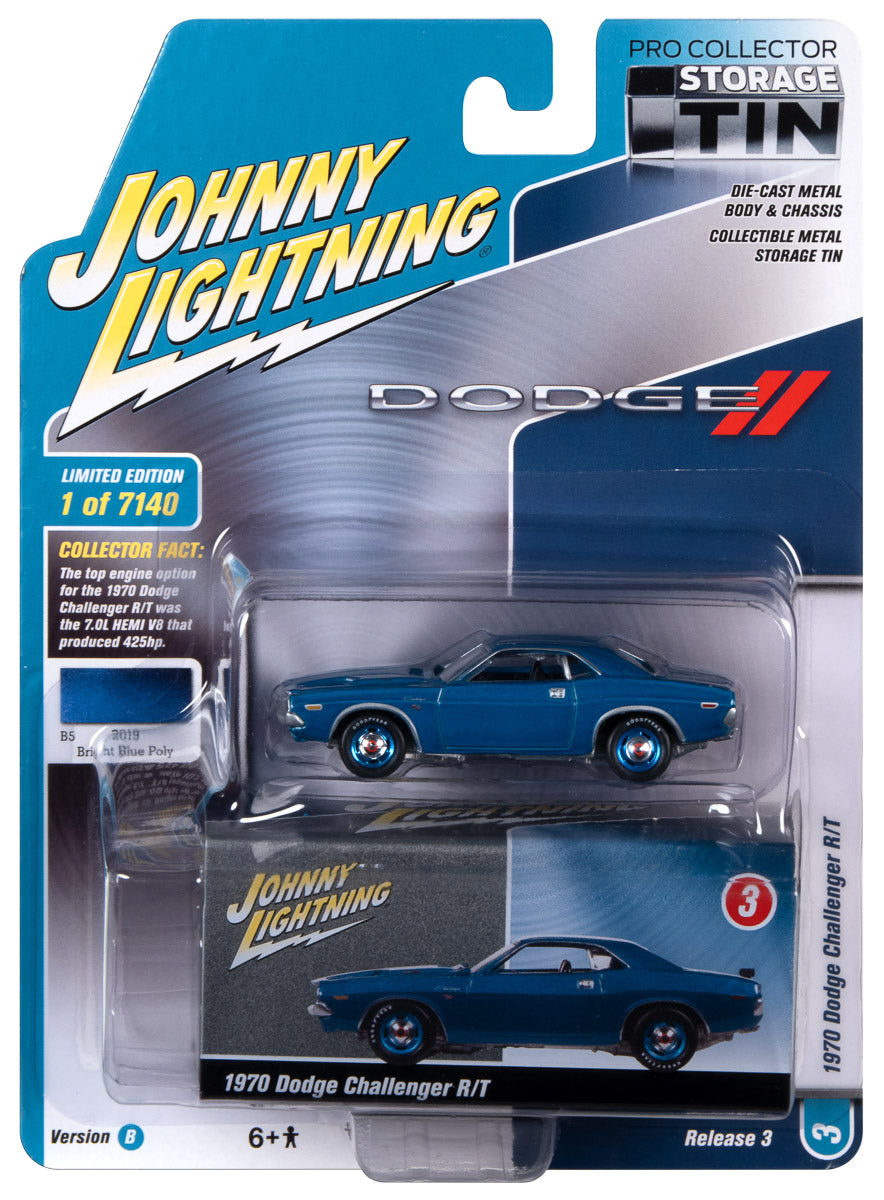 Johnny Lightning 1970 Dodge Challenger R/T (B5 Bright Blue) with Collector Tin 1:64 Diecast