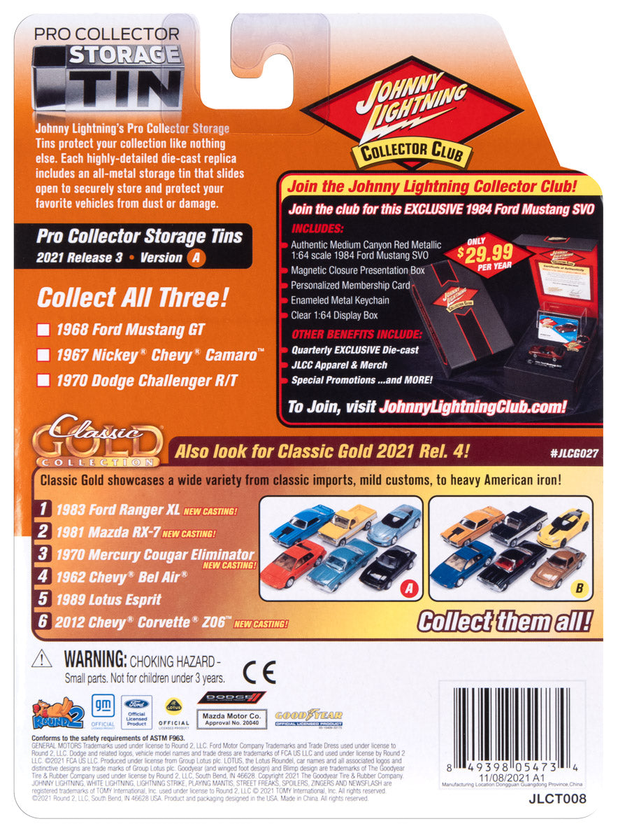 Johnny Lightning 1968 Ford Mustang GT 428 Cobra Jet (Wimbledon White) with Collector Tin 1:64 Diecast