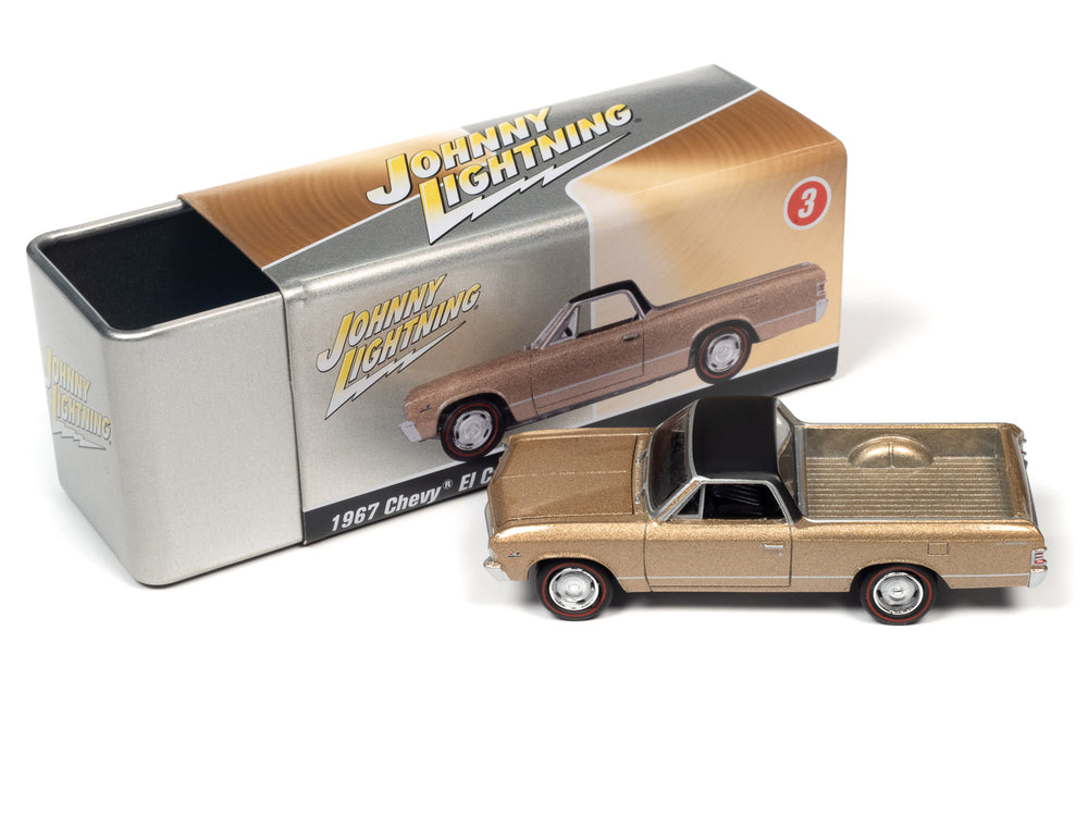 Johnny Lightning 1967 Chevrolet El Camino (Granada Gold w/Flat Black Roof) with Collector Tin 1:64 Diecast