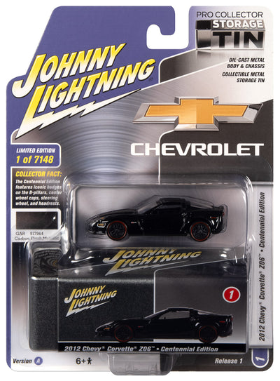Johnny Lightning 2012 Chevrolet Corvette Z06 - Centennial Edition (Carbon Flash Metallic) with Collector Tin 1:64 Diecast