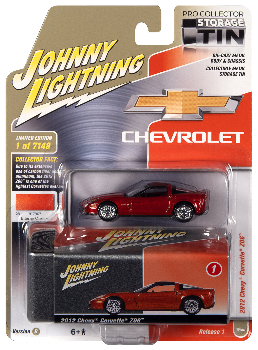 Johnny Lightning 2012 Chevrolet Corvette Z06 - (Inferno Orange) with Collector Tin 1:64 Diecast
