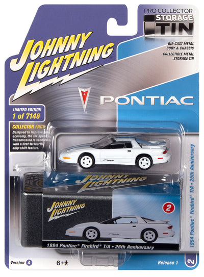 Johnny Lightning 1994 Pontiac Firebird T/A - 25th Anniversary Edition (Gloss White w/Blue Hood) with Collector Tin 1:64 Diecast