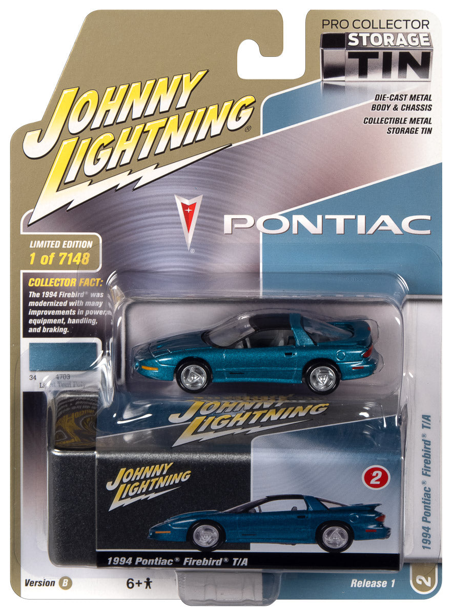 Johnny Lightning 1994 Pontiac Firebird T/A - (Light Teal Poly) with Collector Tin 1:64 Diecast