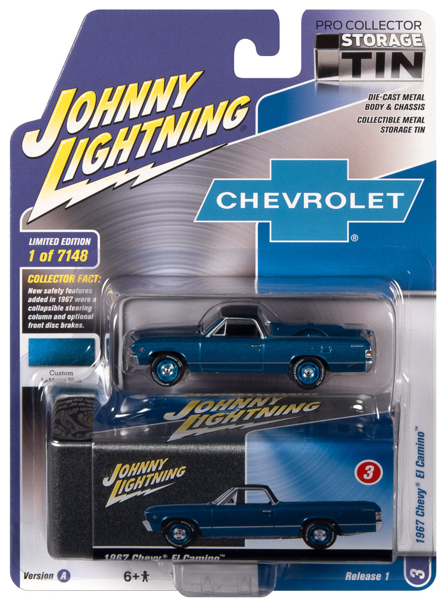 Johnny Lightning 1967 Chevrolet El Camino (LeMans Blue w/Flat Black Roof) with Collector Tin 1:64 Diecast