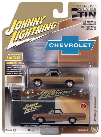 Johnny Lightning 1967 Chevrolet El Camino (Granada Gold w/Flat Black Roof) with Collector Tin 1:64 Diecast