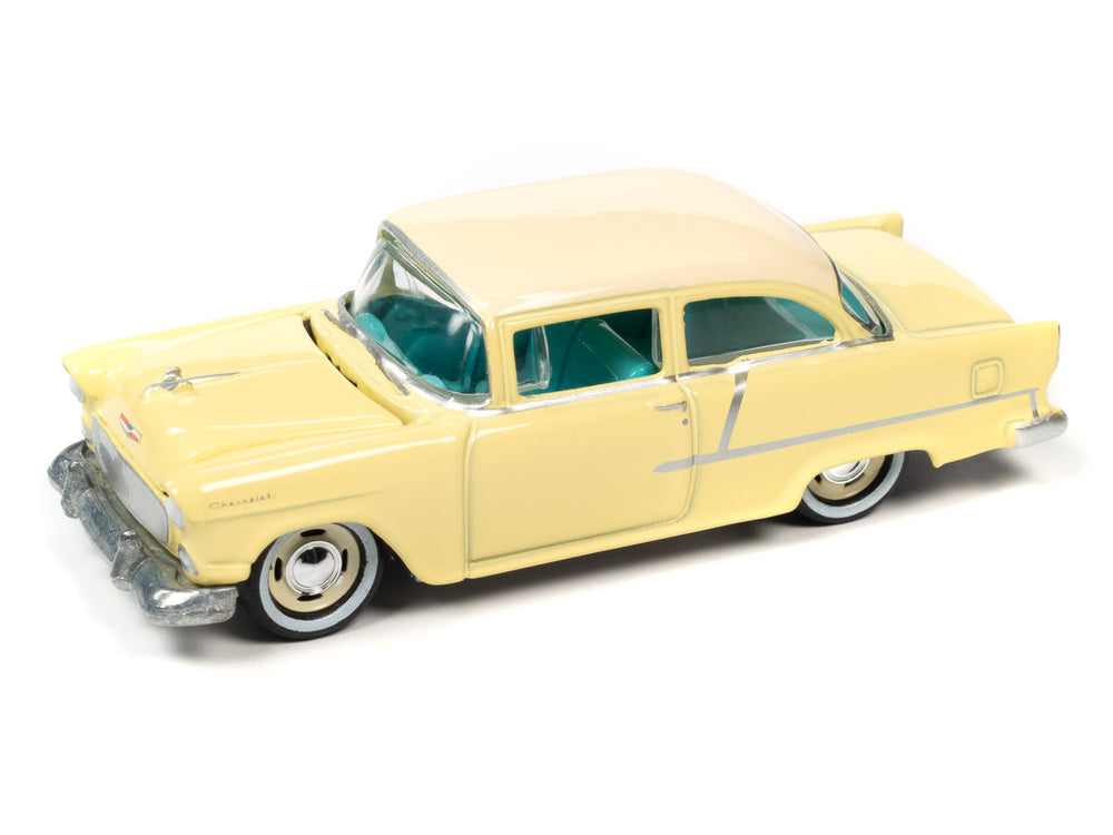 Johnny Lightning 1955 Chevy 210 (Harvest Gold w/Indian Ivory Roof) with Collector Tin 1:64 Diecast