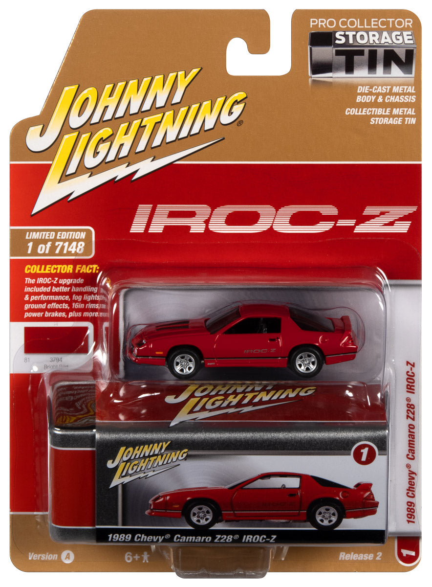 Johnny Lightning 1989 Chevrolet Camaro IROC Z-28 (Red w/IROC-Z Graphics) with Collector Tin 1:64 Diecast