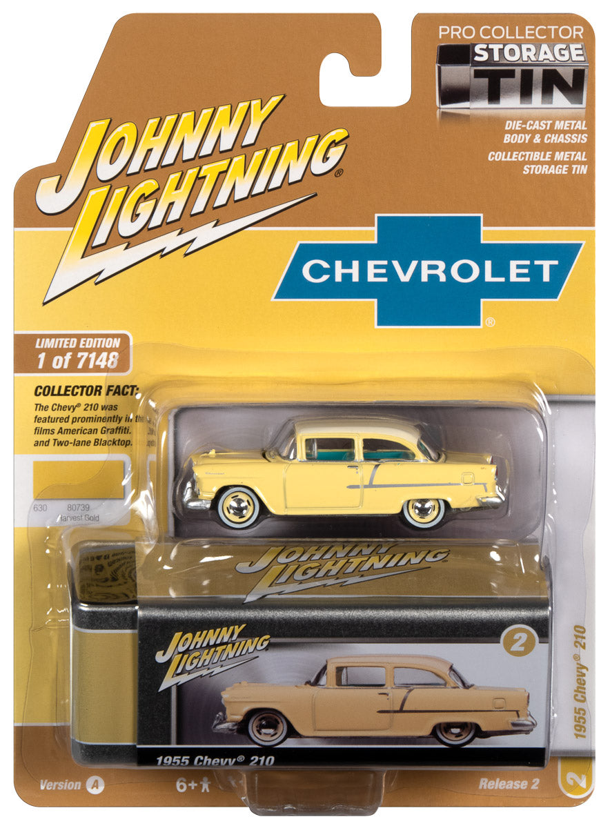 Johnny Lightning 1955 Chevy 210 (Harvest Gold w/Indian Ivory Roof) with Collector Tin 1:64 Diecast