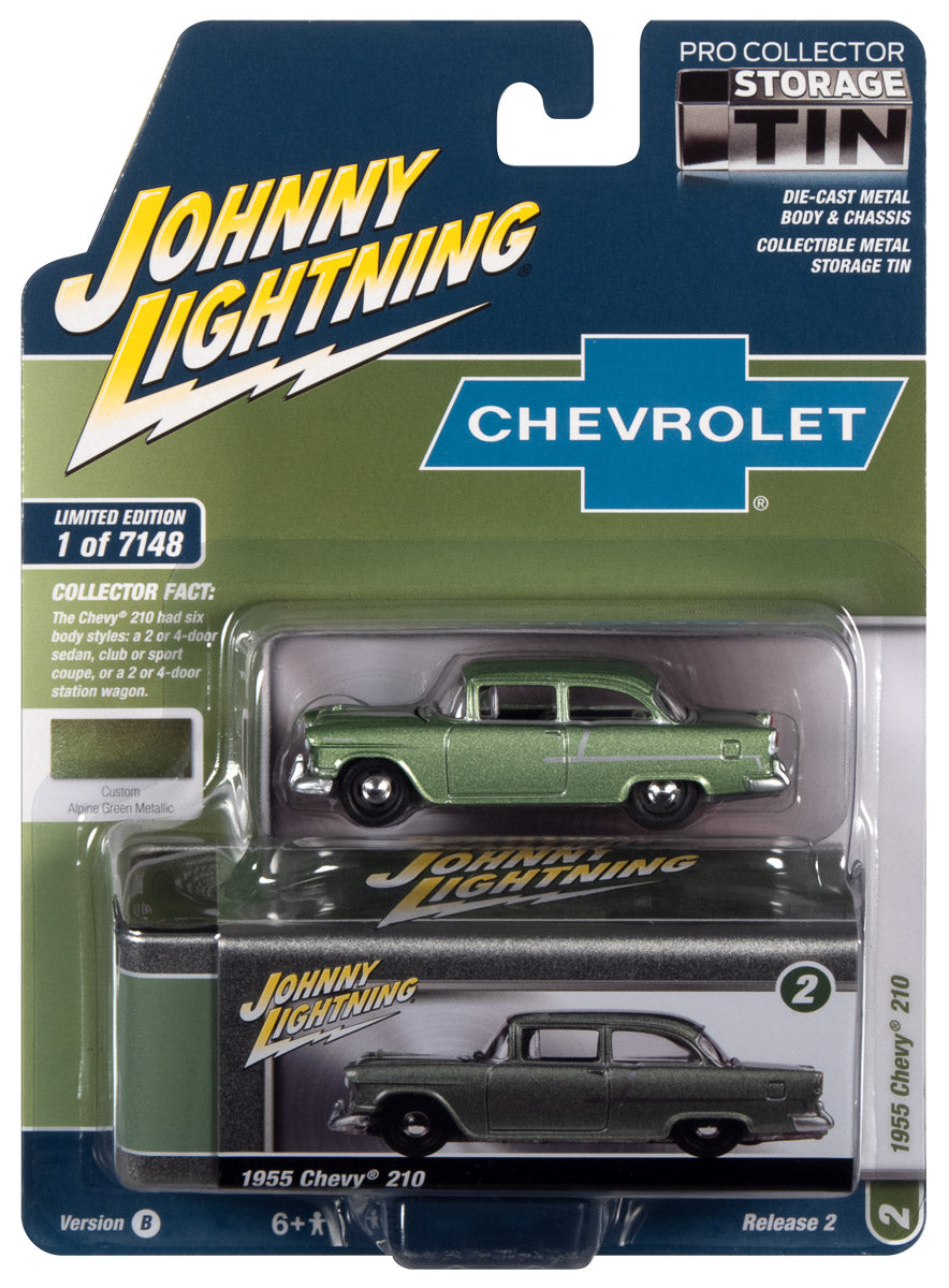 Johnny Lightning 1955 Chevy 210 (Alpine Green) with Collector Tin 1:64 Diecast