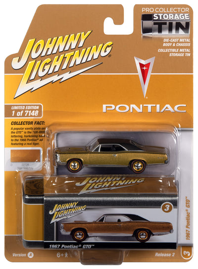 Johnny Lightning 1967 Pontiac GTO (Tiger Gold Poly w/Flat Black Roof) with Collector Tin 1:64 Diecast