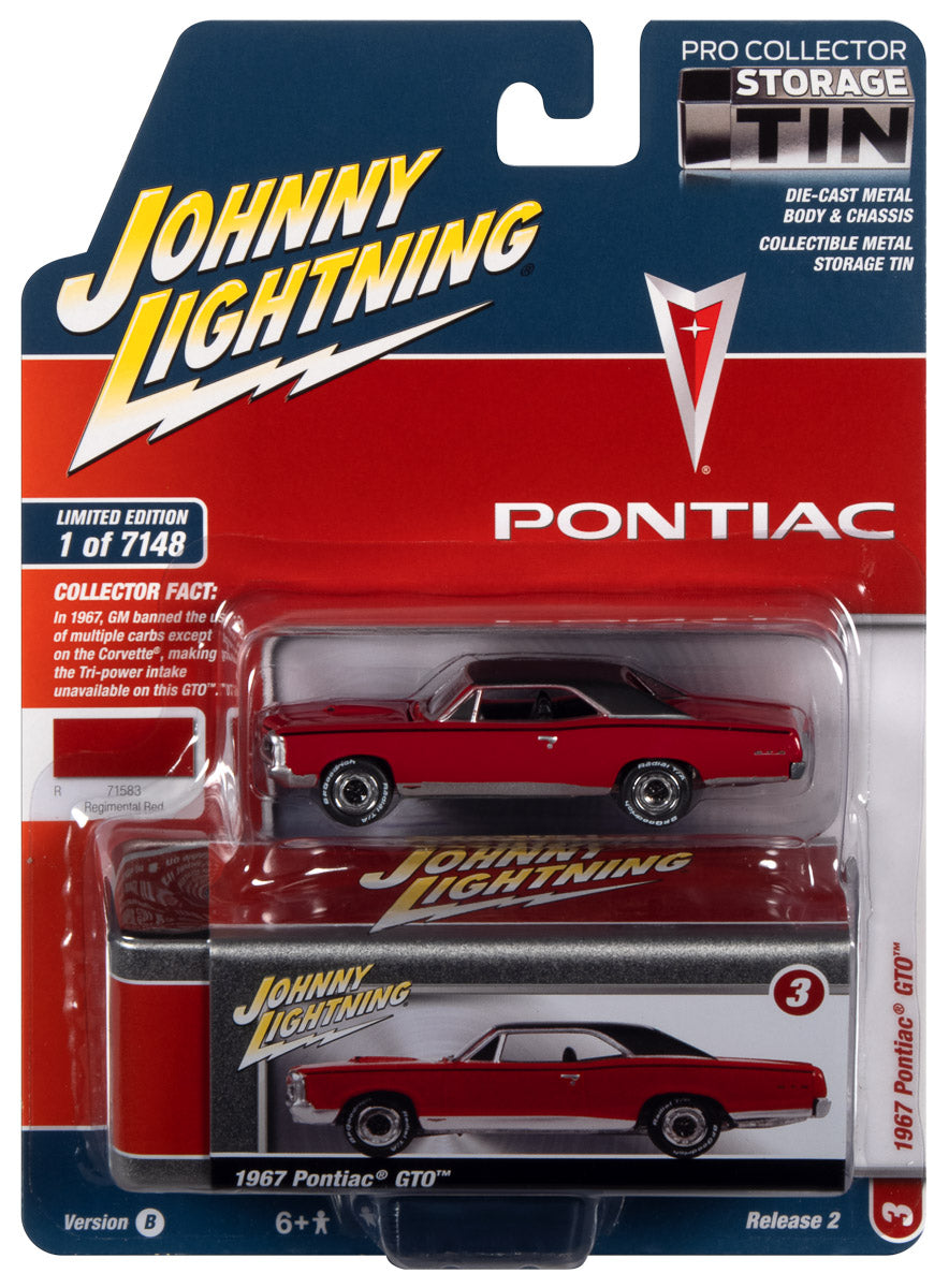 Johnny Lightning 1967 Pontiac GTO (Cardinal Red w/Flat Black Roof) with Collector Tin 1:64 Diecast