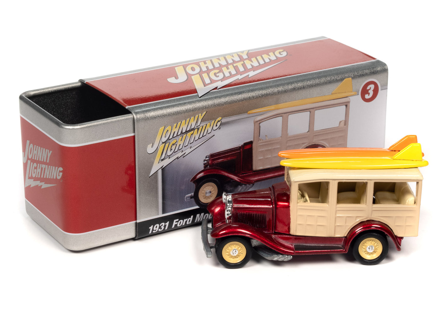 Johnny Lightning 1931 Ford Model A Woody (Candy Apple Red) with Collector Tin 1:64 Diecast