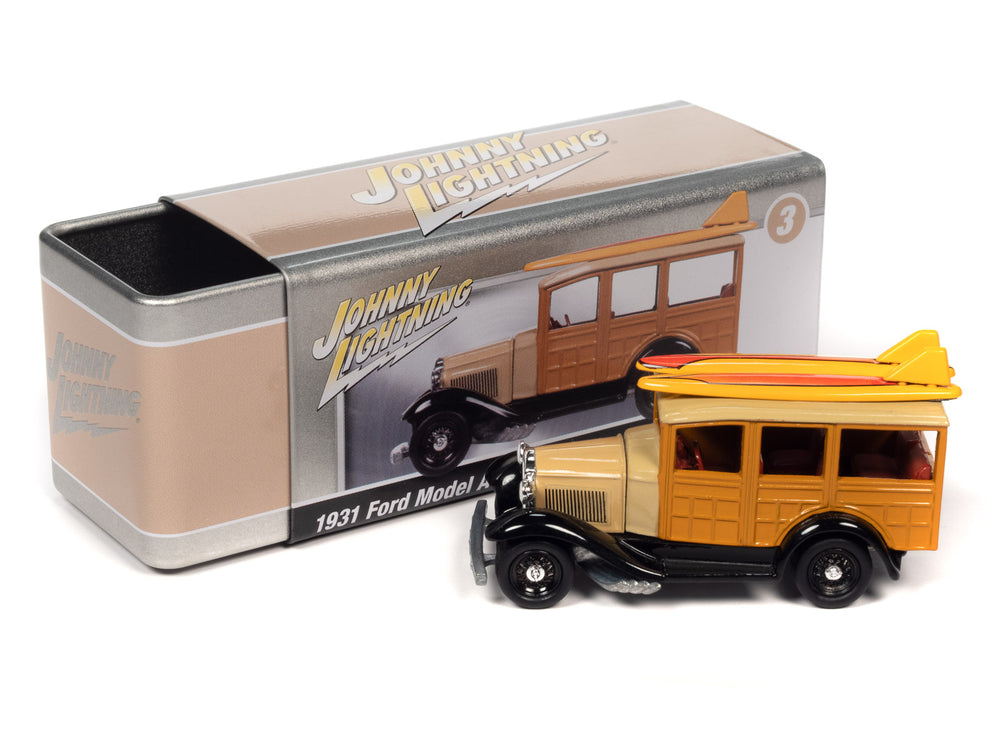 Johnny Lightning 1931 Ford Model A Woody (Beige) with Collector Tin 1:64 Diecast