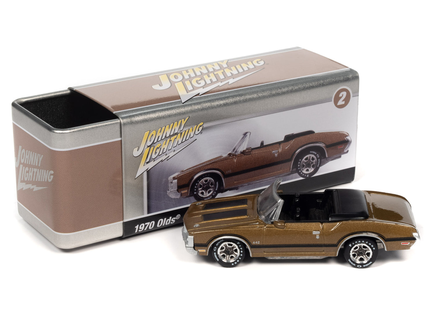 Johnny Lightning 1970 Oldsmobile 442 Convertible (Autumn Gold) with Collector Tin 1:64 Diecast