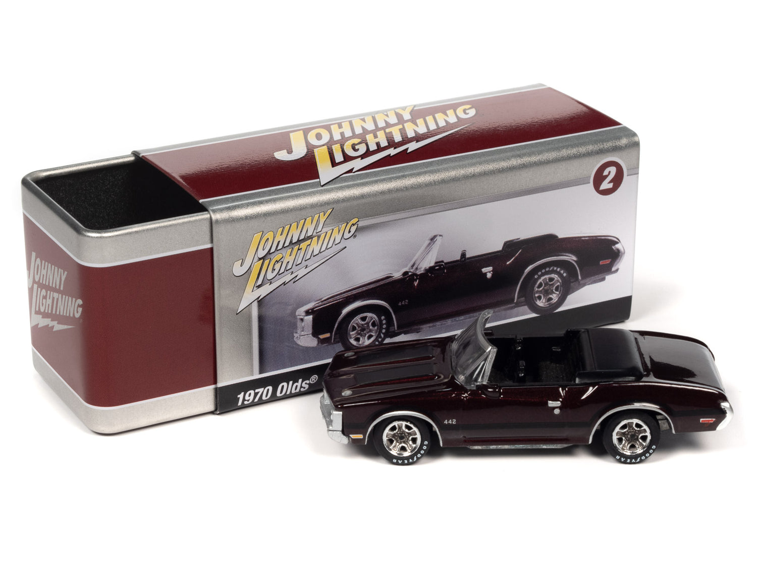 Johnny Lightning 1970 Oldsmobile 442 Convertible (Burgundy Mist) with Collector Tin 1:64 Diecast