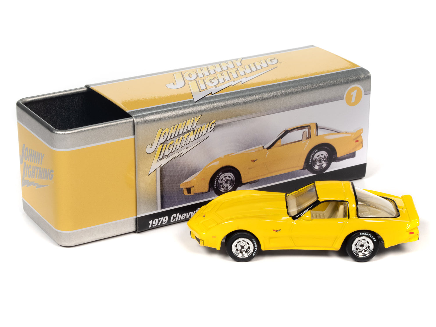Johnny Lightning 1979 Chevrolet Corvette (Corvette Yellow) with Collector Tin 1:64 Diecast