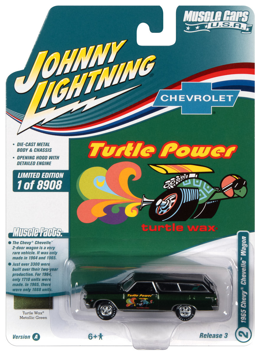 Johnny Lightning Muscle Cars 1965 Turtle Wax Chevrolet Chevelle Wagon (Green Metallic Lower w/Gloss Black Upper  & Turtle Wax Graphics) 1:64 Scale Diecast