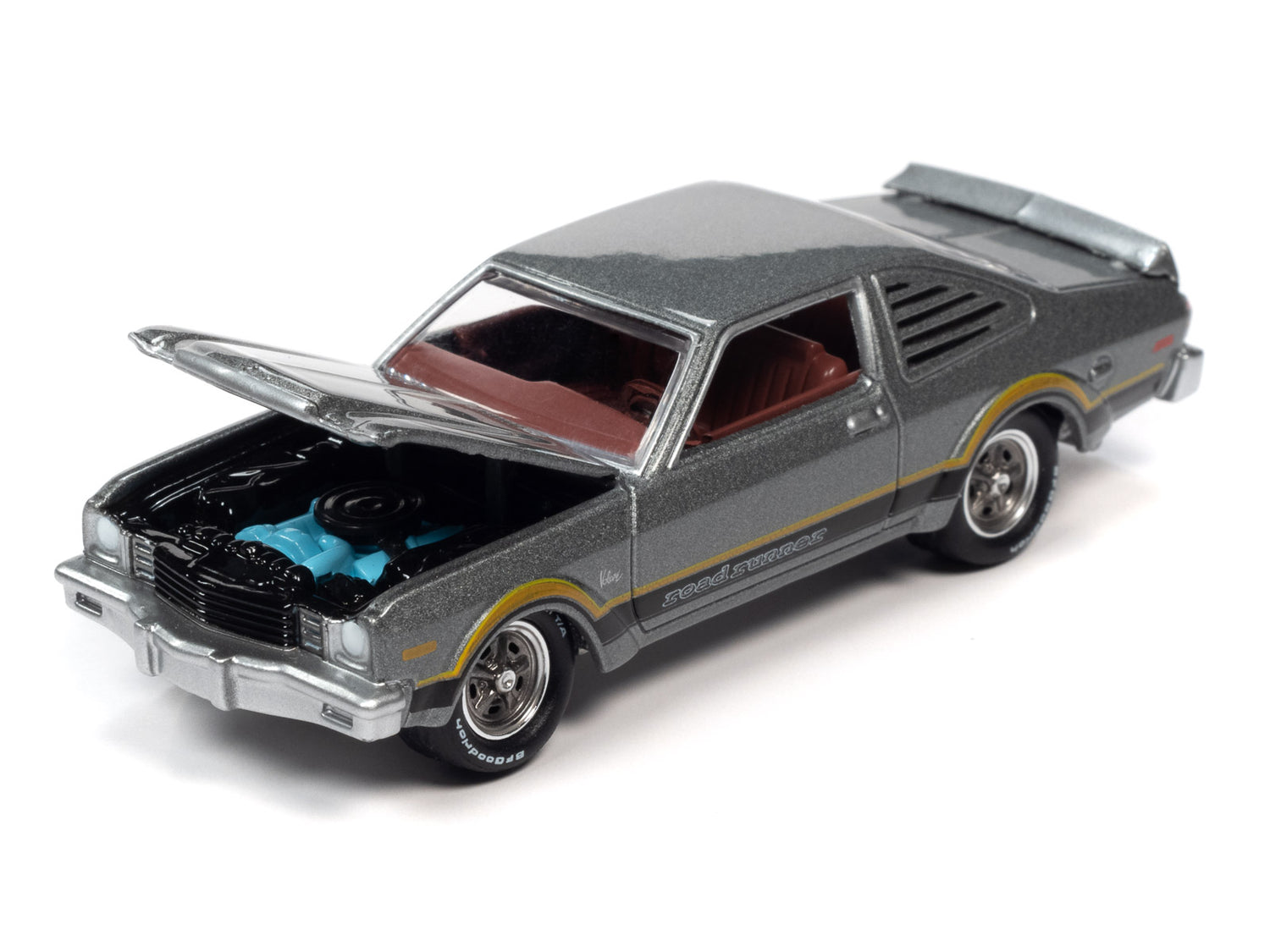 Johnny Lightning Muscle Cars 1976 Plymouth Road Runner (Silver Cloud Poly w/Black & Orange Side Stripes) 1:64 Scale Diecast