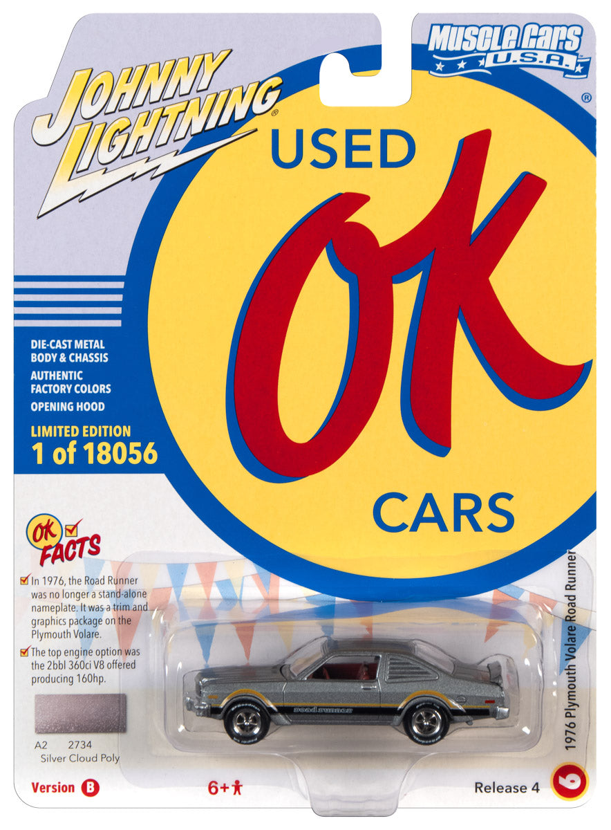 Johnny Lightning Muscle Cars 1976 Plymouth Road Runner (Silver Cloud Poly w/Black & Orange Side Stripes) 1:64 Scale Diecast