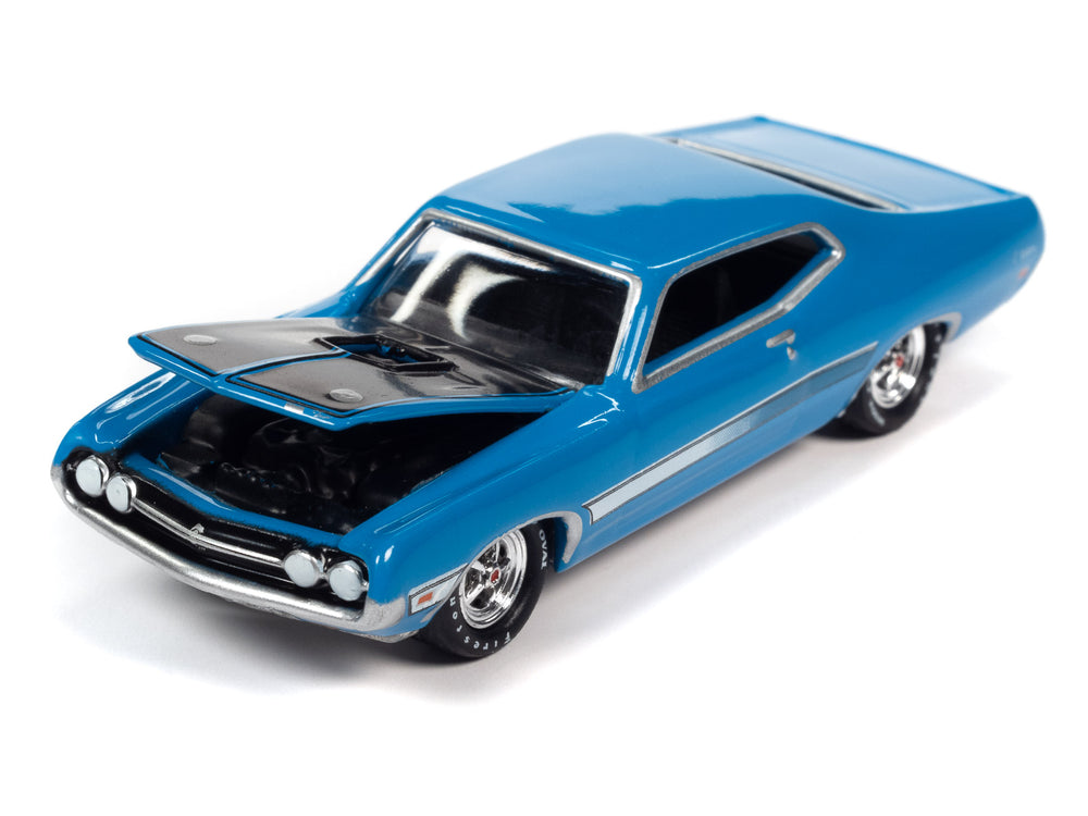 Johnny Lightning Muscle Cars 1971 Ford Torino Cobra (MCACN) (Grabber Blue w/Laser Side Stripe & Black Hood Treatment) 1:64 Scale Diecast