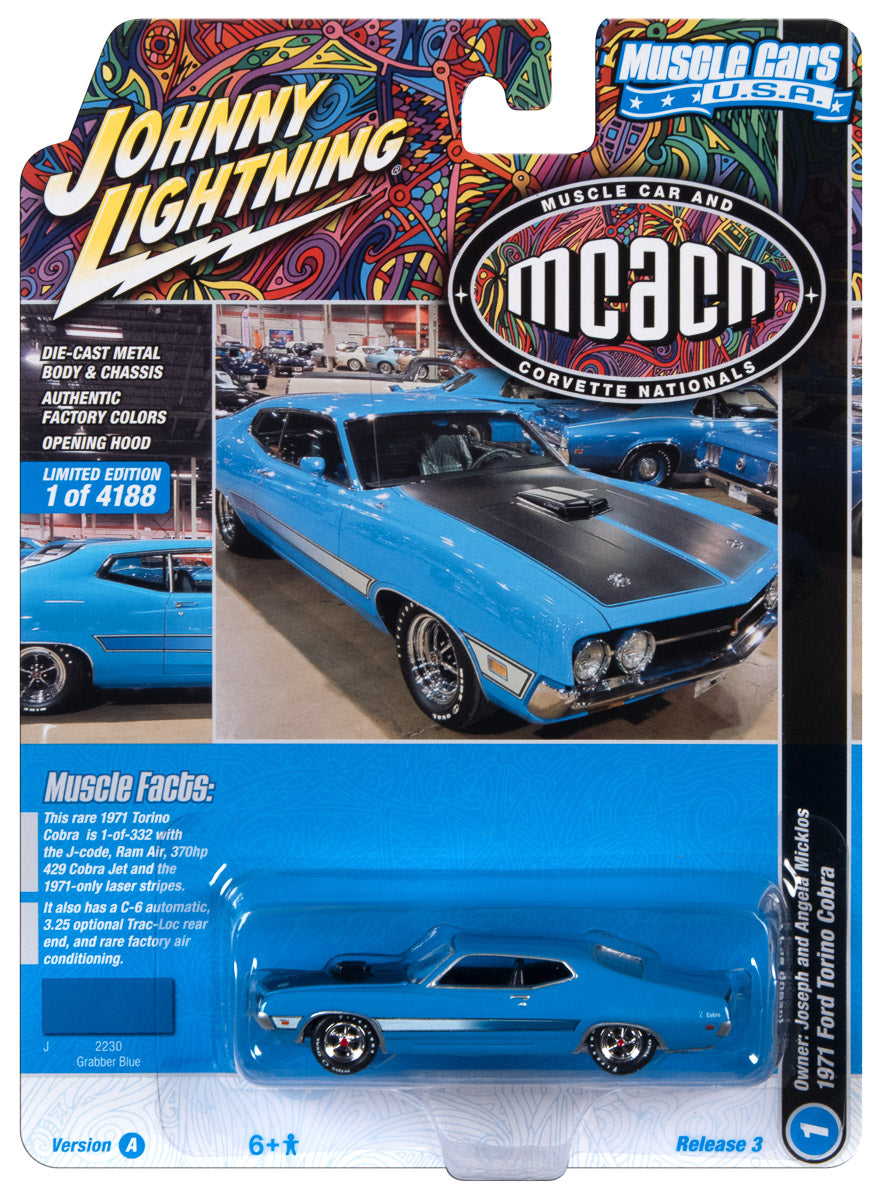 Johnny Lightning Muscle Cars 1971 Ford Torino Cobra (MCACN) (Grabber Blue w/Laser Side Stripe & Black Hood Treatment) 1:64 Scale Diecast